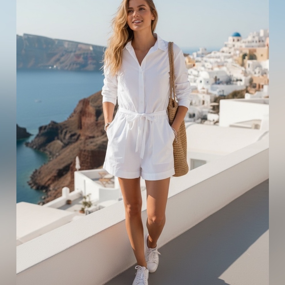 Express Linen Blend White Short Jumpsuit with Drawstring Waist Size L